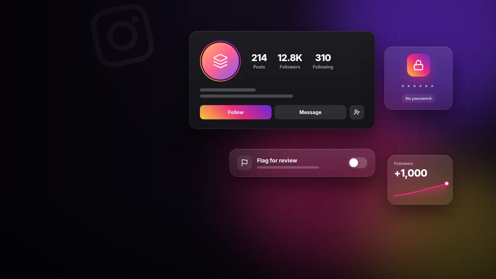 Illustration of an Instagram profile card, the Flag for review setting and a padlock