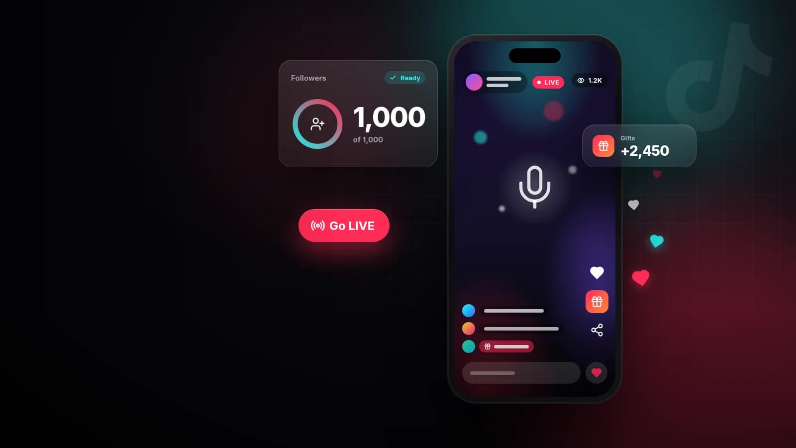 Illustration of a TikTok LIVE screen next to a follower counter at 1,000 and a Go LIVE button