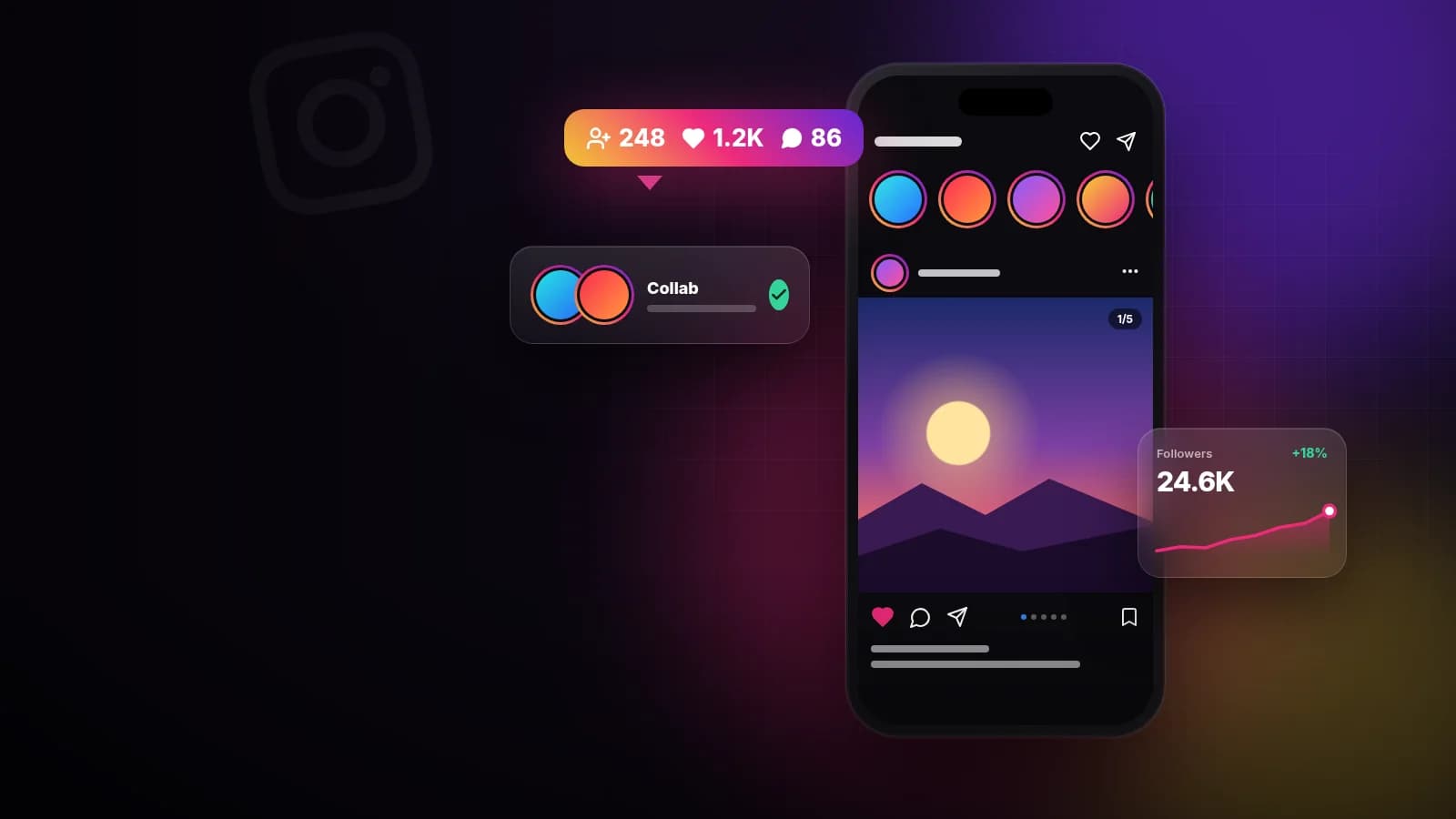 Illustration of an Instagram feed with a carousel post, a Collab card and a follower growth chart