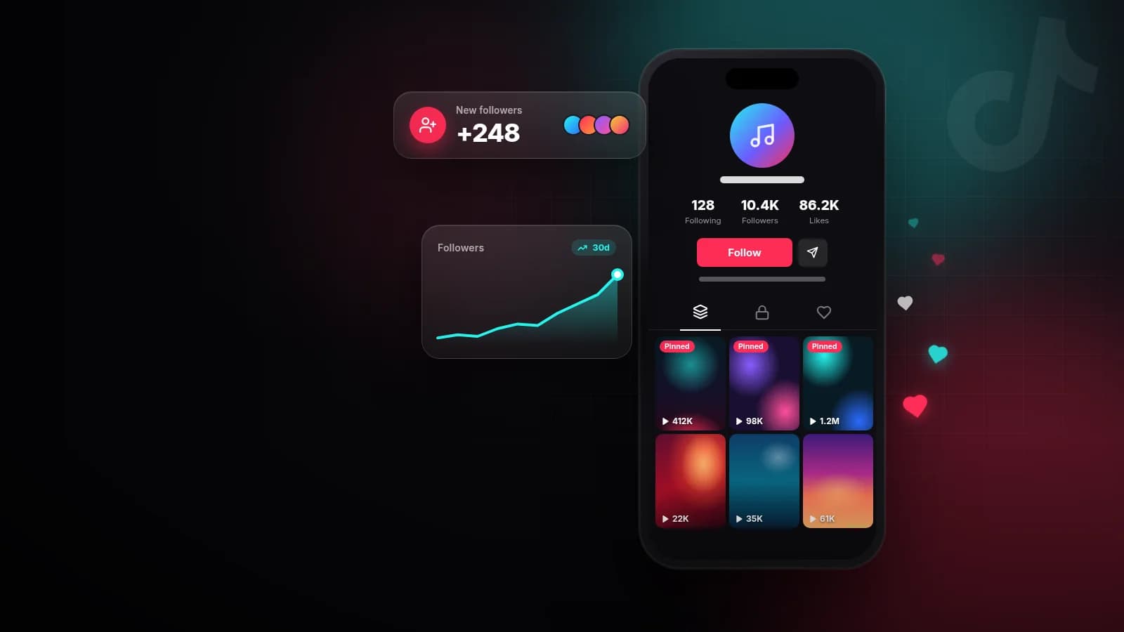 Illustration of a TikTok profile with a Follow button, pinned videos and a new followers notification