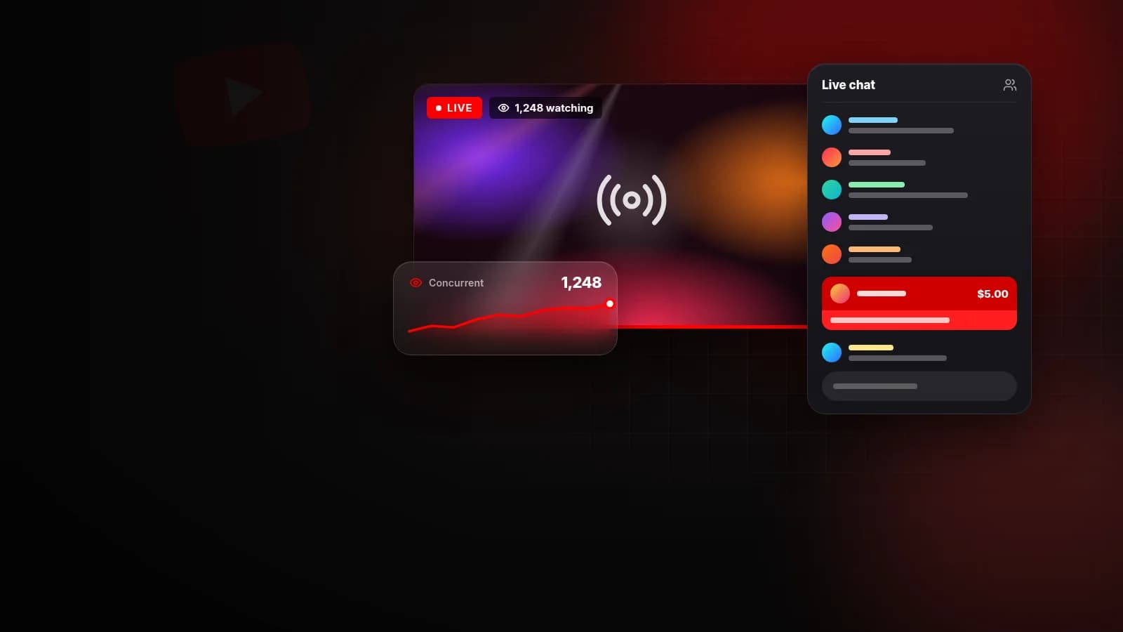 Illustration of a YouTube live stream with a LIVE badge, a viewer count and live chat