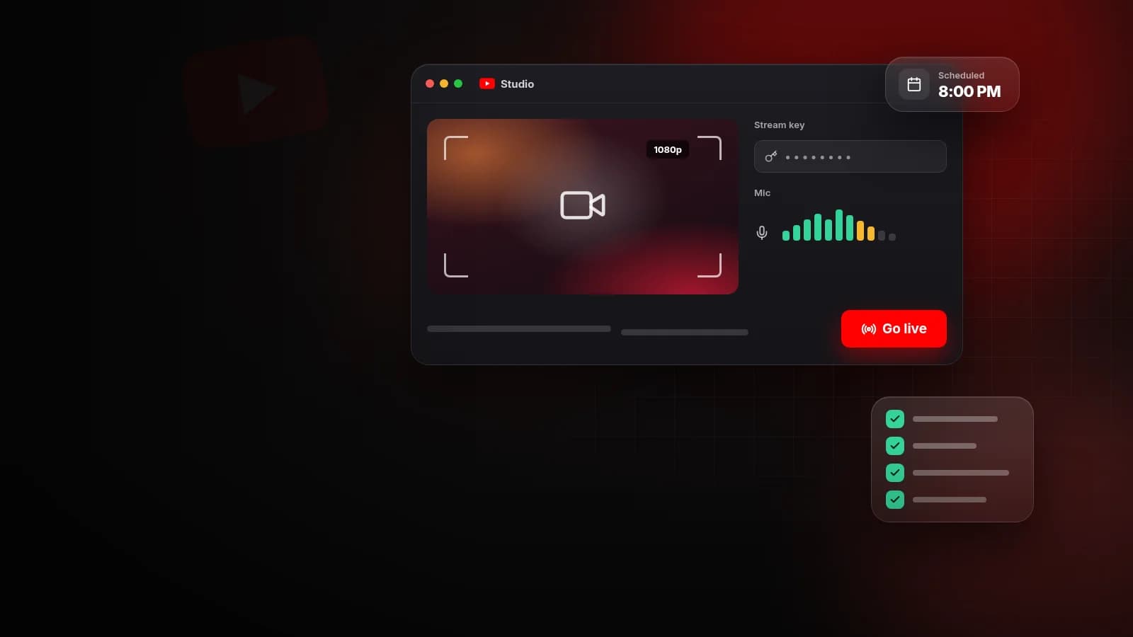Illustration of a YouTube Studio live setup with a camera preview, stream key and Go live button