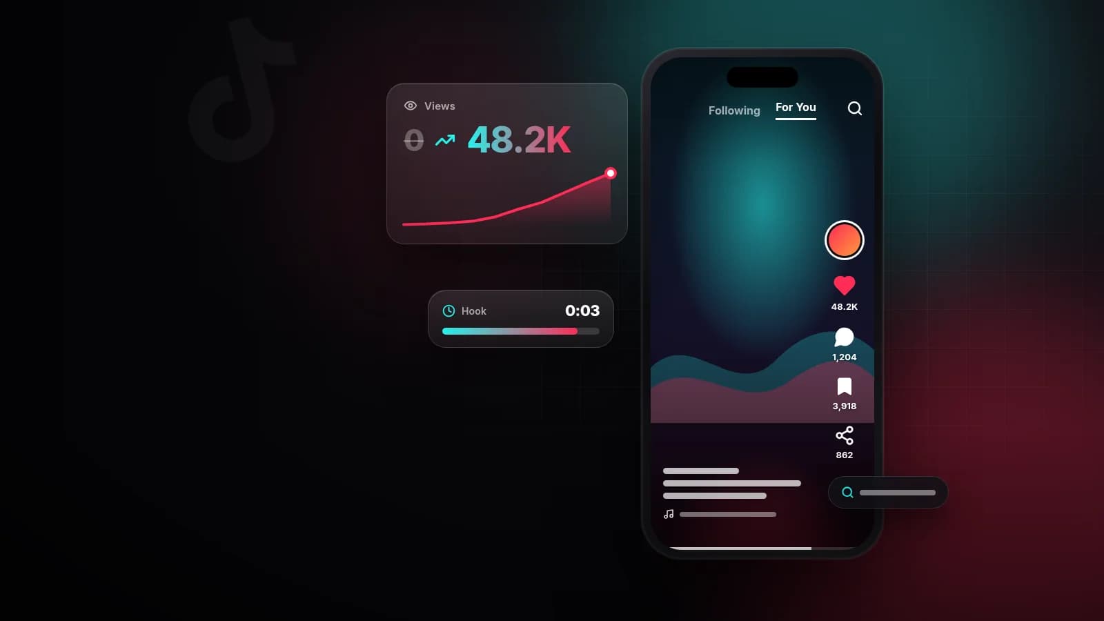Illustration of a TikTok For You feed on a phone next to a view counter climbing from 0