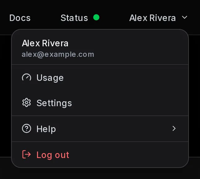 The account menu open under the name Alex Rivera, showing the email alex@example.com and the items Usage, Settings, Help and Log out