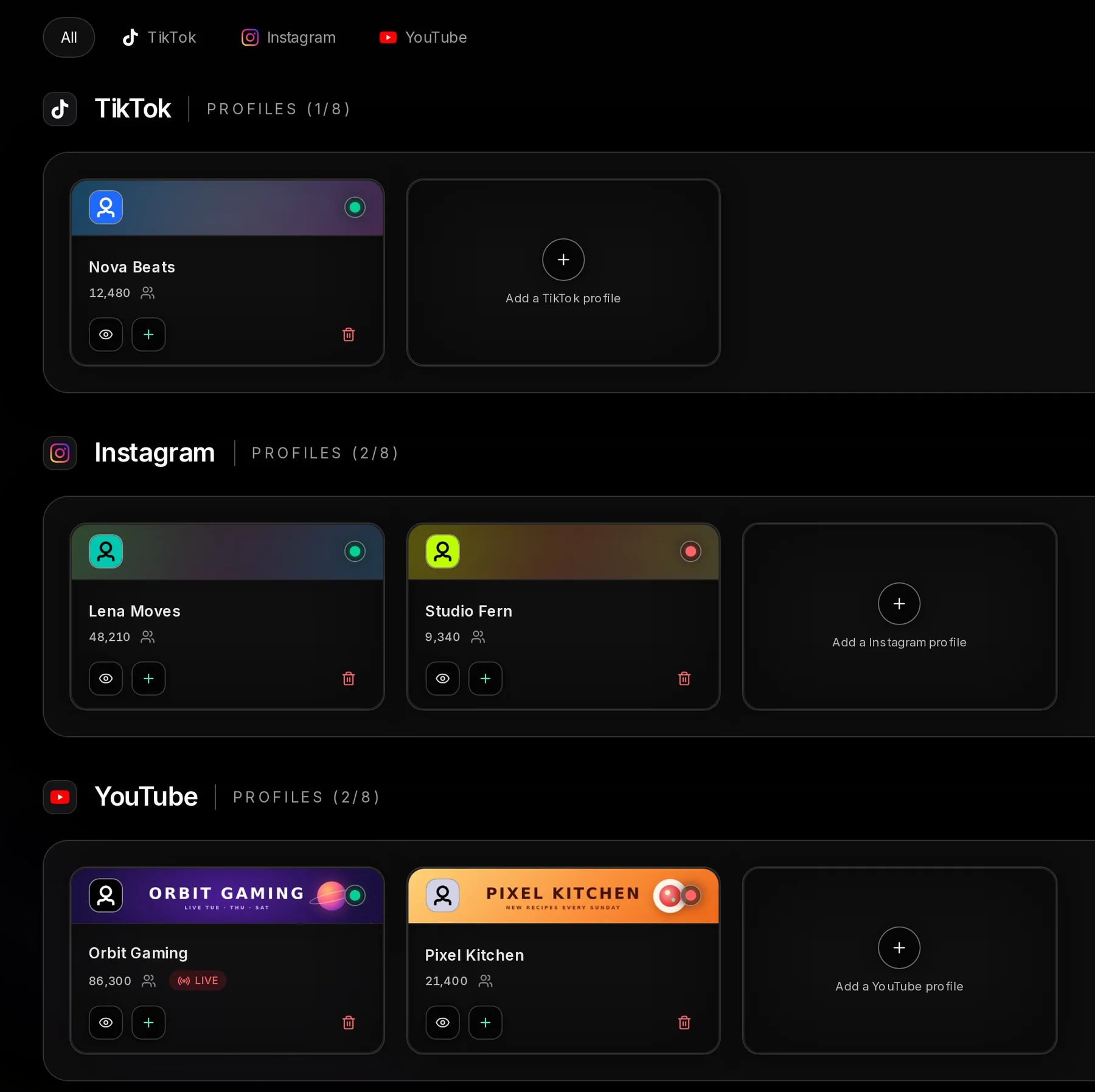 The Socialbot dashboard with the filter pills All, TikTok, Instagram and YouTube, and a Profiles section per platform holding profile cards and an Add a profile card; one YouTube card carries a red LIVE tag