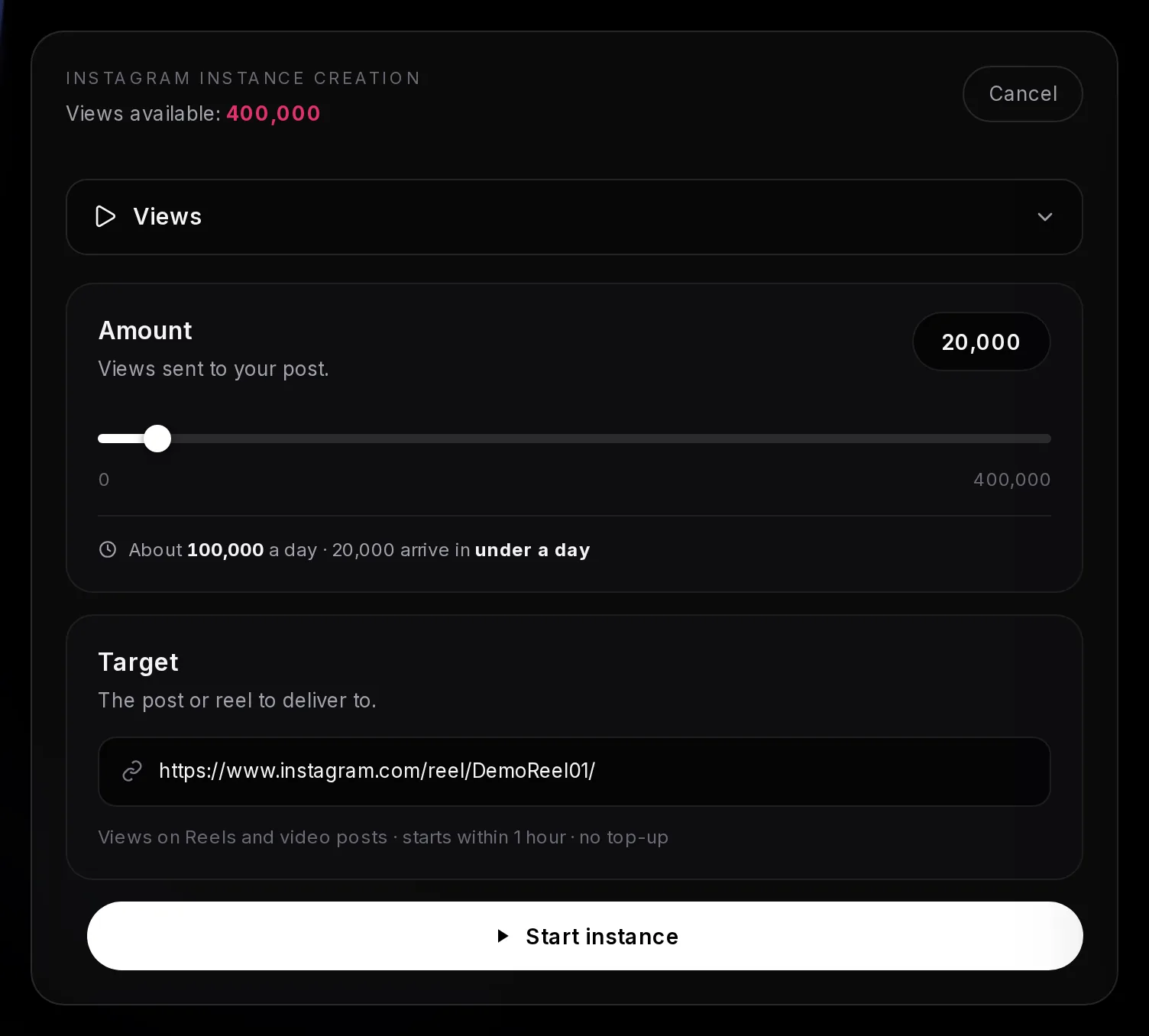 The Instagram instance form with Views at 20,000 on a Reel link, the delivery estimate, and the delivery note with the start time and top-up