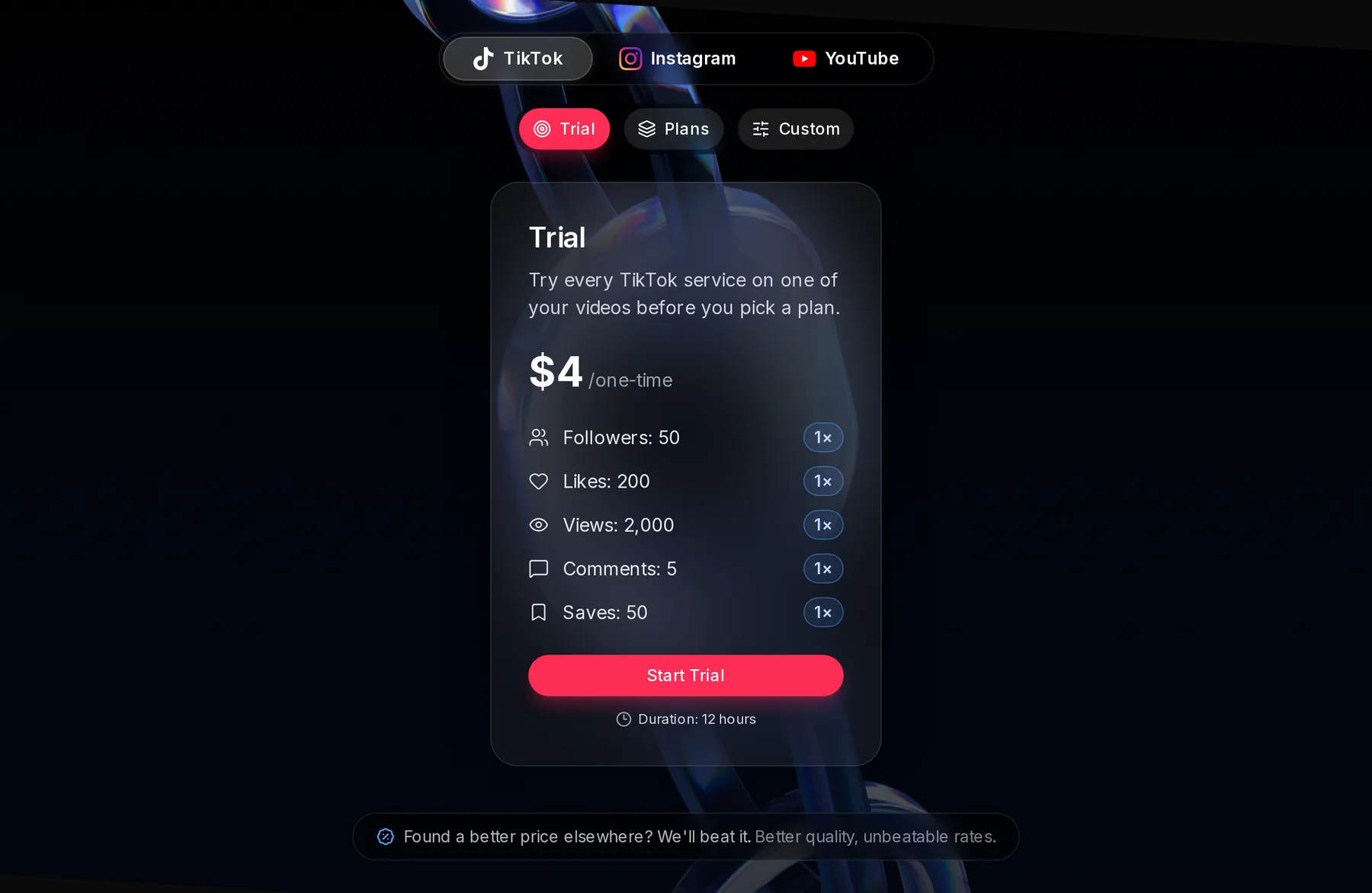The TikTok Trial card: $4 one-time, Followers 50, Likes 200, Views 2,000, Comments 5 and Saves 50, each with a 1× badge, a Start Trial button and Duration: 12 hours