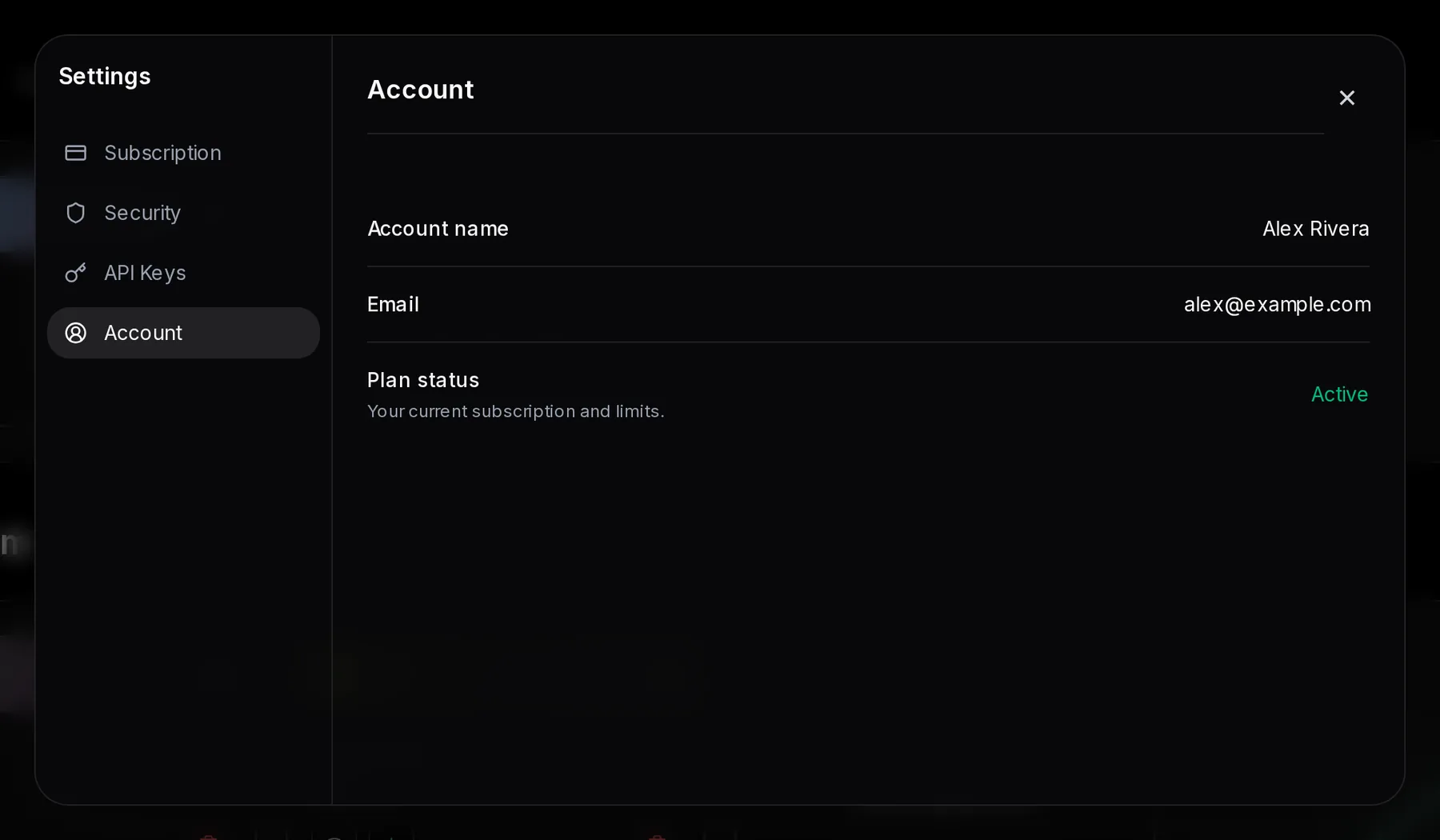 Settings on the Account tab showing Account name Alex Rivera, Email alex@example.com and Plan status Active