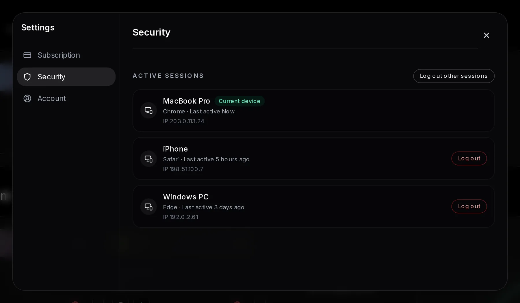 Settings on the Security tab, listing active sessions with device, browser and last activity, and a Log out other sessions button