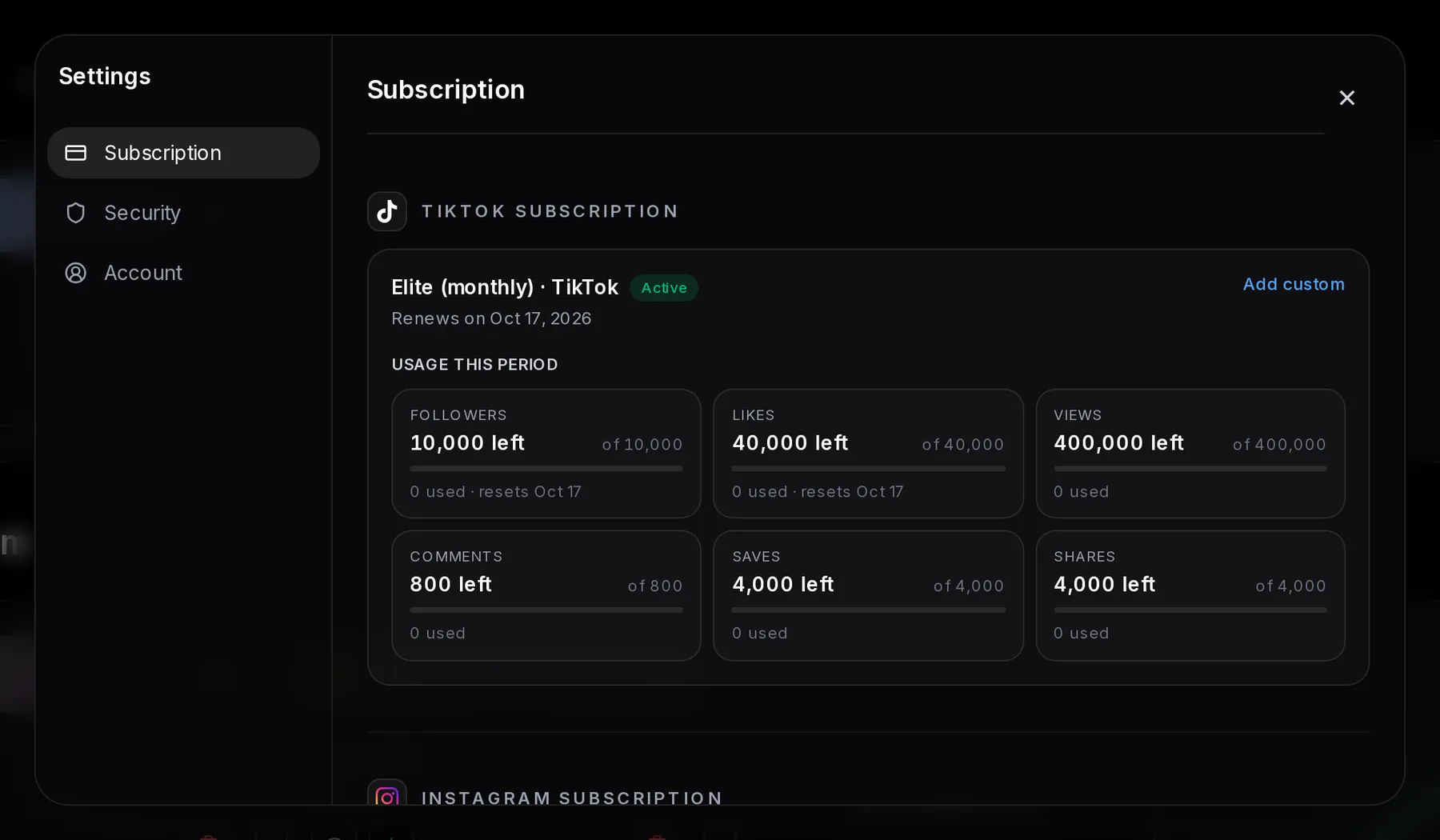 Settings on the Subscription tab showing TikTok subscription Elite (monthly) · TikTok, Active, Renews on Oct 17, 2026, with tiles for Followers 10,000 left and 0 used, Likes, Views, Comments, Saves and Shares, and the Instagram plan below