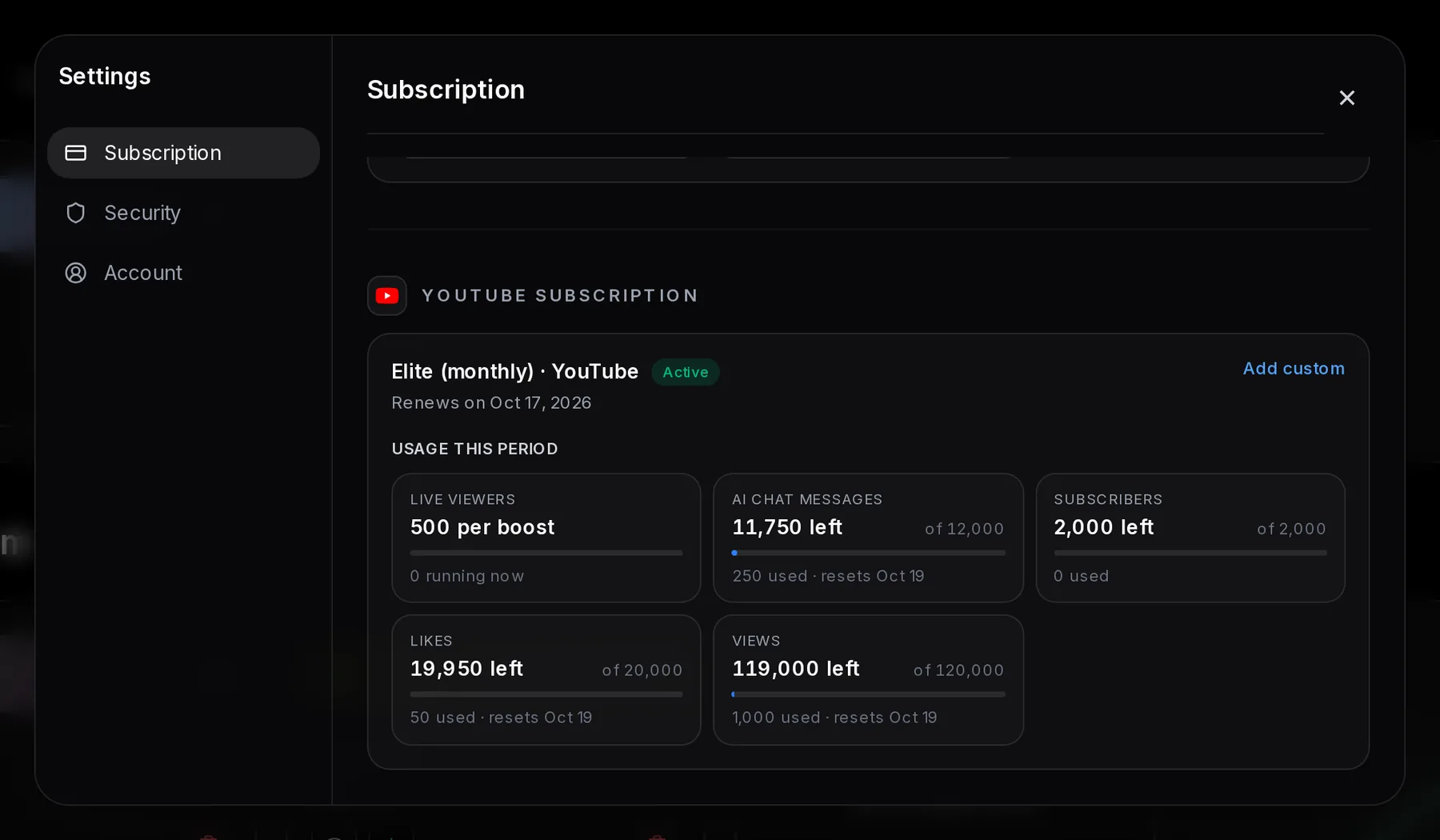 The YouTube block of the Subscription tab: Elite (monthly) · YouTube with tiles for Live viewers 500 per boost, AI chat messages 11,750 left and 250 used, Subscribers, Likes and Views