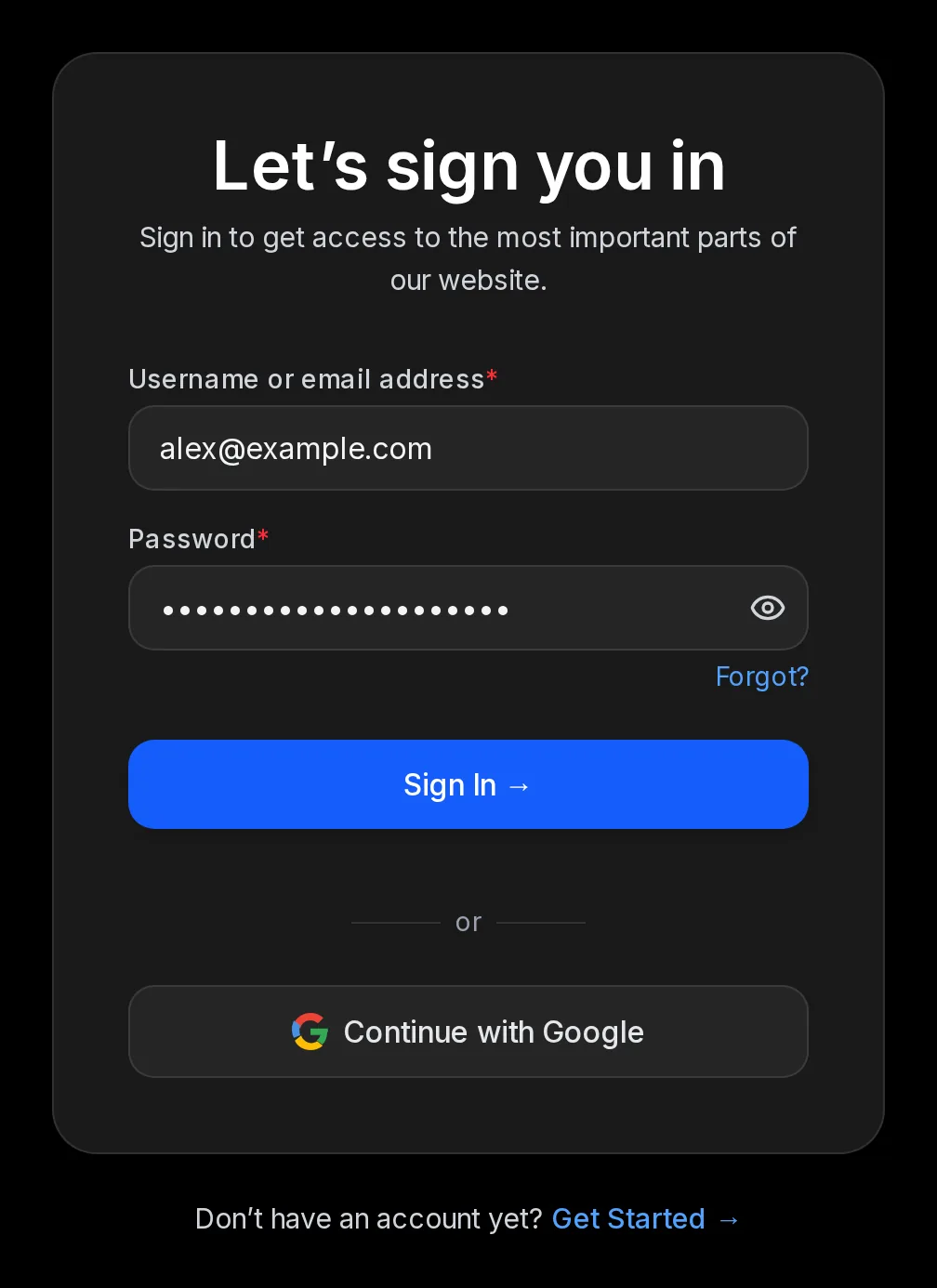 The Socialbot sign-in form headed Let’s sign you in, with Username or email address and Password filled in, a Forgot? link, a Sign In button and Continue with Google
