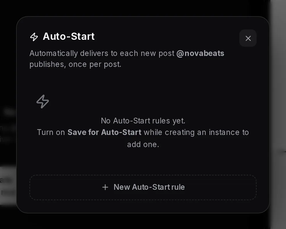 The TikTok Auto-Start dialog with no rules, reading No Auto-Start rules yet. Turn on Save for Auto-Start while creating an instance to add one, above a New Auto-Start rule button