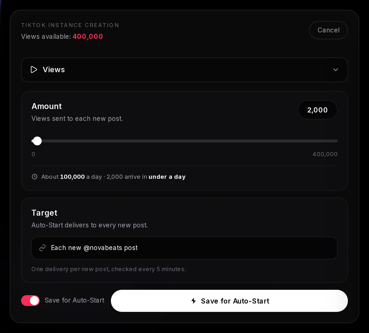 The TikTok instance form with Views at 2,000 and Save for Auto-Start switched on; the Target reads Each new @novabeats post, with the note One delivery per new post, checked every 5 minutes