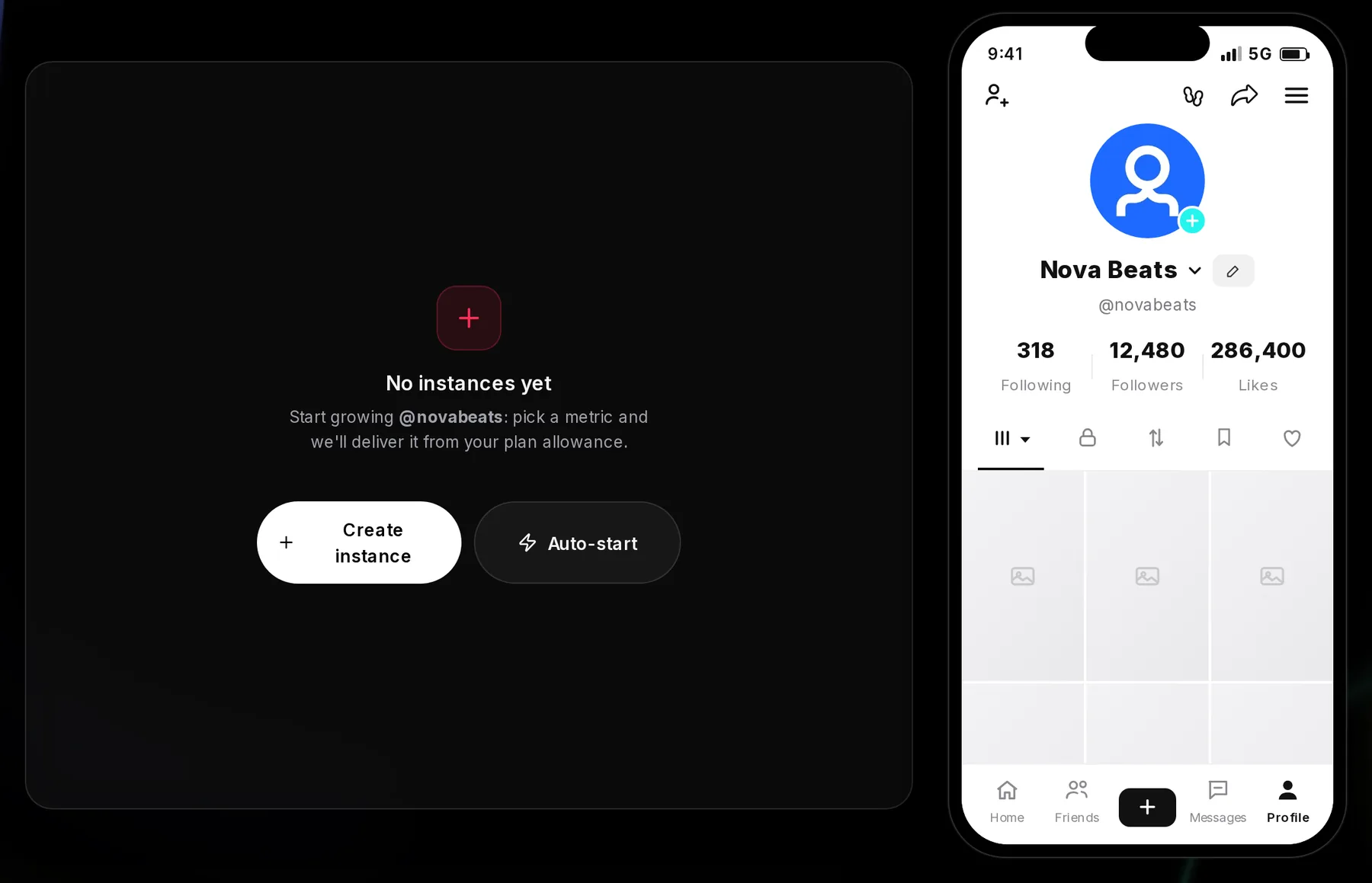 A TikTok channel page reading No instances yet, Start growing @novabeats, with Create instance and Auto-start buttons, and a phone preview of the profile showing Following, Followers and Likes