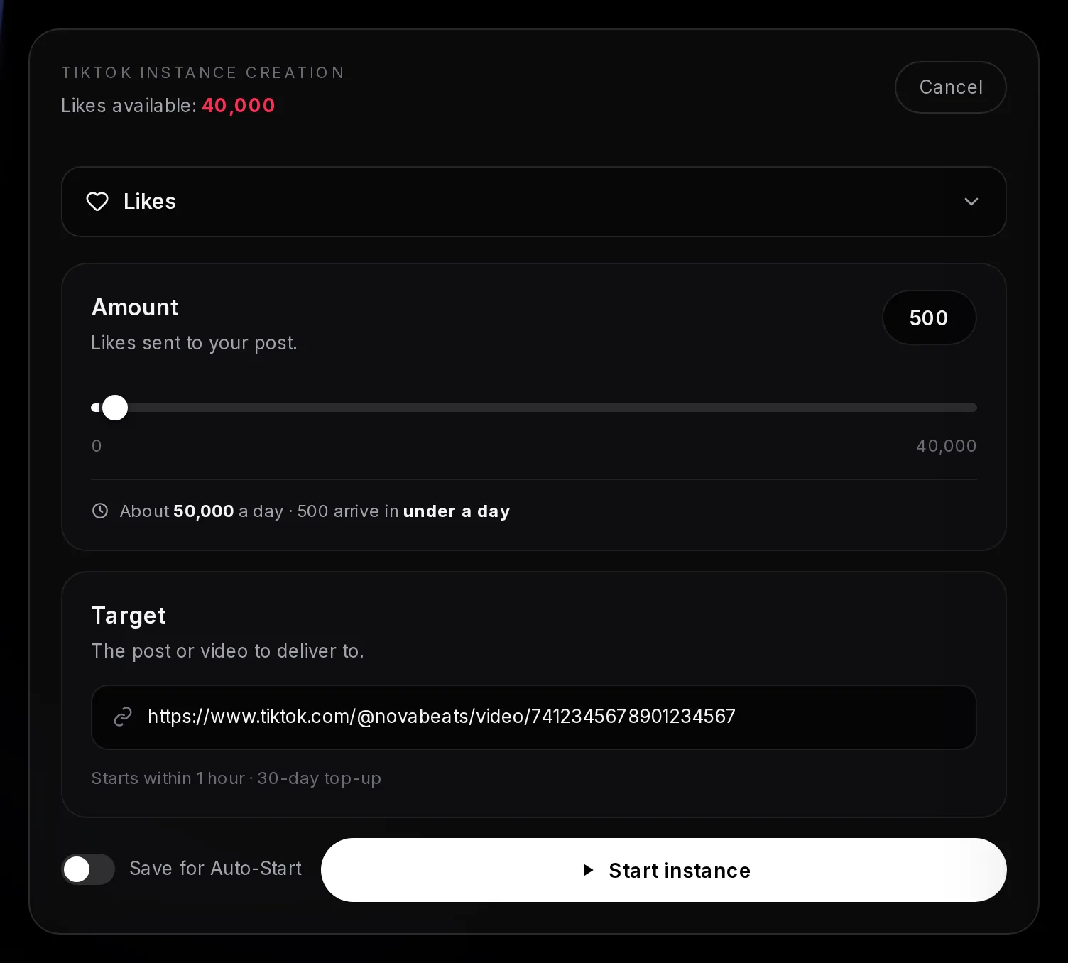 The TikTok instance form with Likes selected at 500, a TikTok video link pasted into the Target field, the delivery note with the start time and top-up, and the Start instance button
