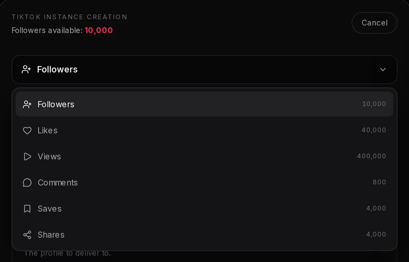 The TikTok service picker open, listing Followers 10,000, Likes 40,000, Views 400,000, Comments 800, Saves 4,000 and Shares 4,000