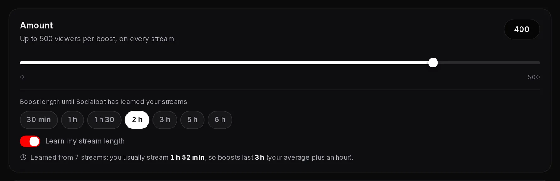 The Amount card after learning, with Learn my stream length on and the line Learned from 7 streams: you usually stream 1 h 52 min, so boosts last 3 h (your average plus an hour)