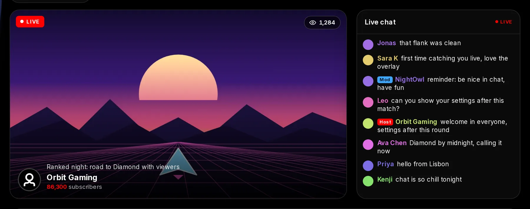 The YouTube channel page while live: the stream picture with a red LIVE tag and 1,284 viewers, the stream title Ranked night: road to Diamond with viewers, and the Live chat box with messages carrying Host and Mod badges