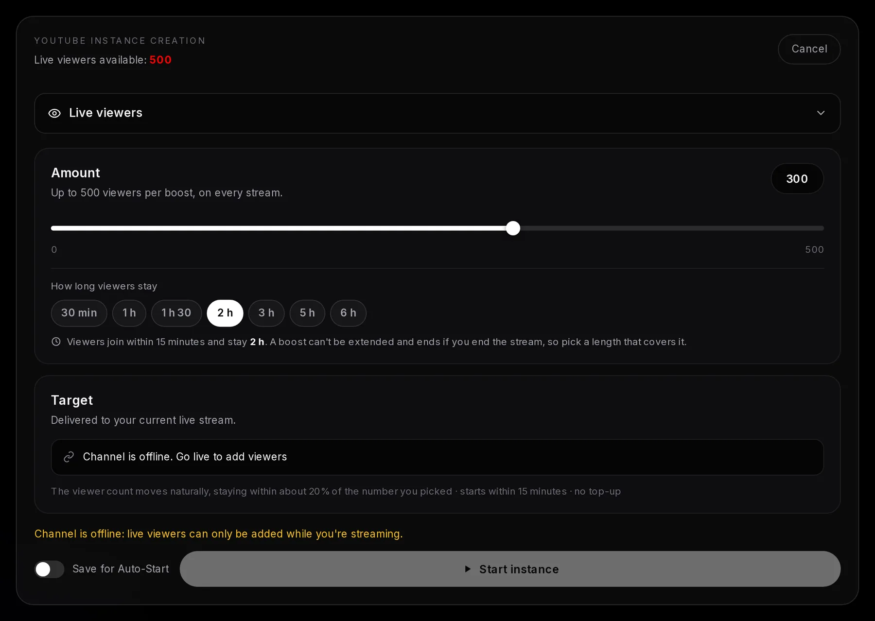 The YouTube form for live viewers while the channel is offline: the target reads Channel is offline. Go live to add viewers, a warning says live viewers can only be added while you’re streaming, and Start instance is greyed out