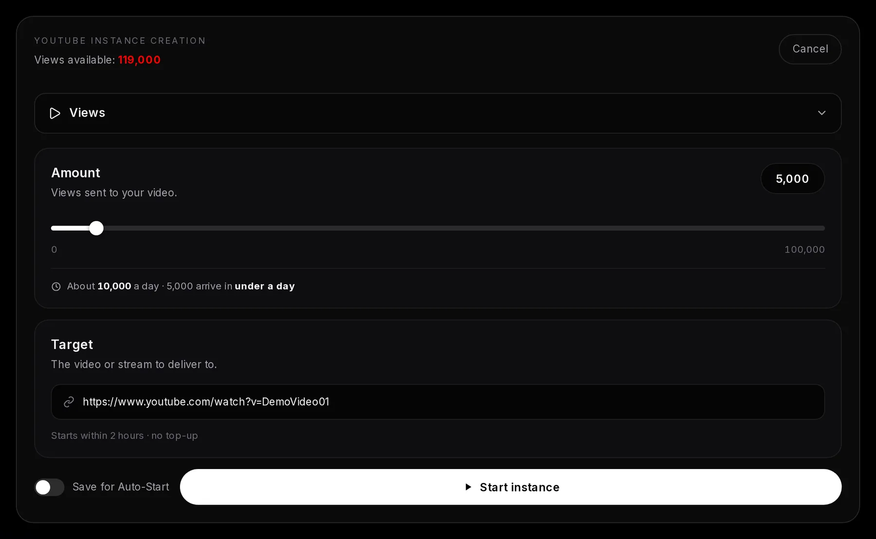 The YouTube form with Views at 5,000 on a pasted video link, a pace of about 10,000 a day, the delivery note with the start time and top-up, and Start instance