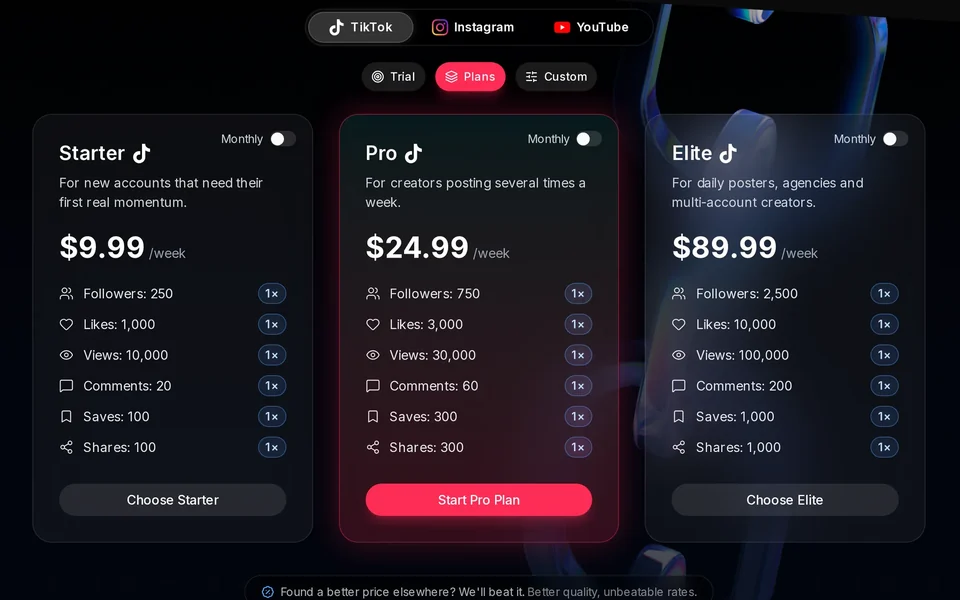 The plan cards on the pricing page